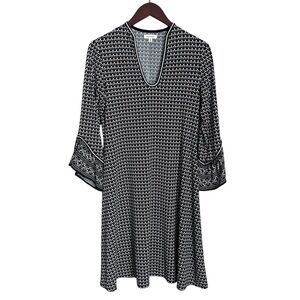 Max Studio Bell Sleeve A-Line Dress Stretch Jersey Black White Floral Mod Office